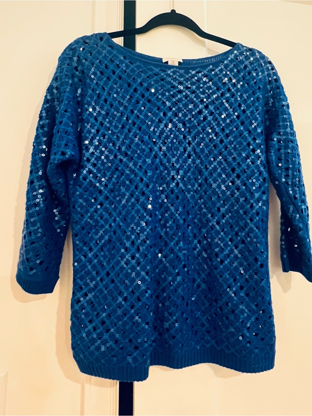 Chico's 3/4 sleeve Kinetic Blue open knit Sasha sequins sweater l 0